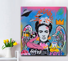 GRAFFITI Frida Kahlo Abstract Vivid Art Basquiat Style Basquiat Crown - Square Panel Contemporary Art Artesty   
