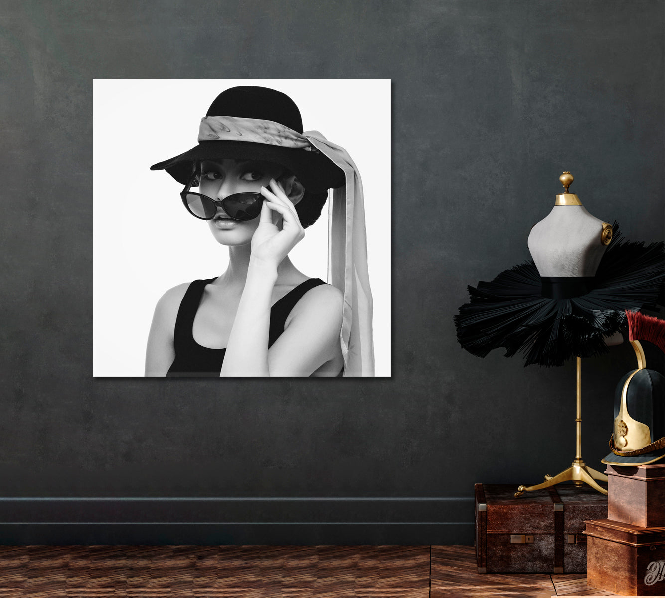Beautiful Woman Audrey Hepburn Fashion Style Hat Scarf Sunglasses Celebs Canvas Print Artesty   