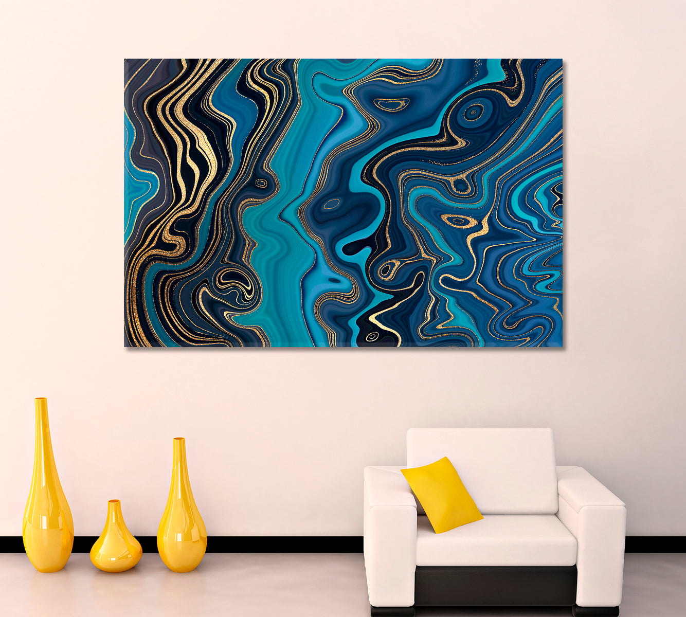 MARBLE EFFECT series Turquoise Navy Blue & Gold Abstract Swirl Artistic Design Giclée Print Fluid Art, Oriental Marbling Canvas Print Artesty   