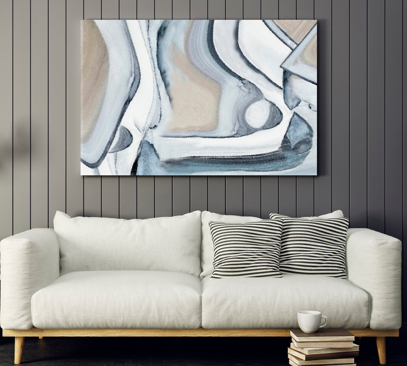 Beige White Blue Soft Tones Figurative Geometric Modern Abstract Art Contemporary Art Artesty 1 panel 24" x 16" 