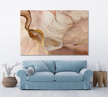 Tender Beige And Ivory Pastel Colors Golden Veins Abstract Marble Fluid Art, Oriental Marbling Canvas Print Artesty   