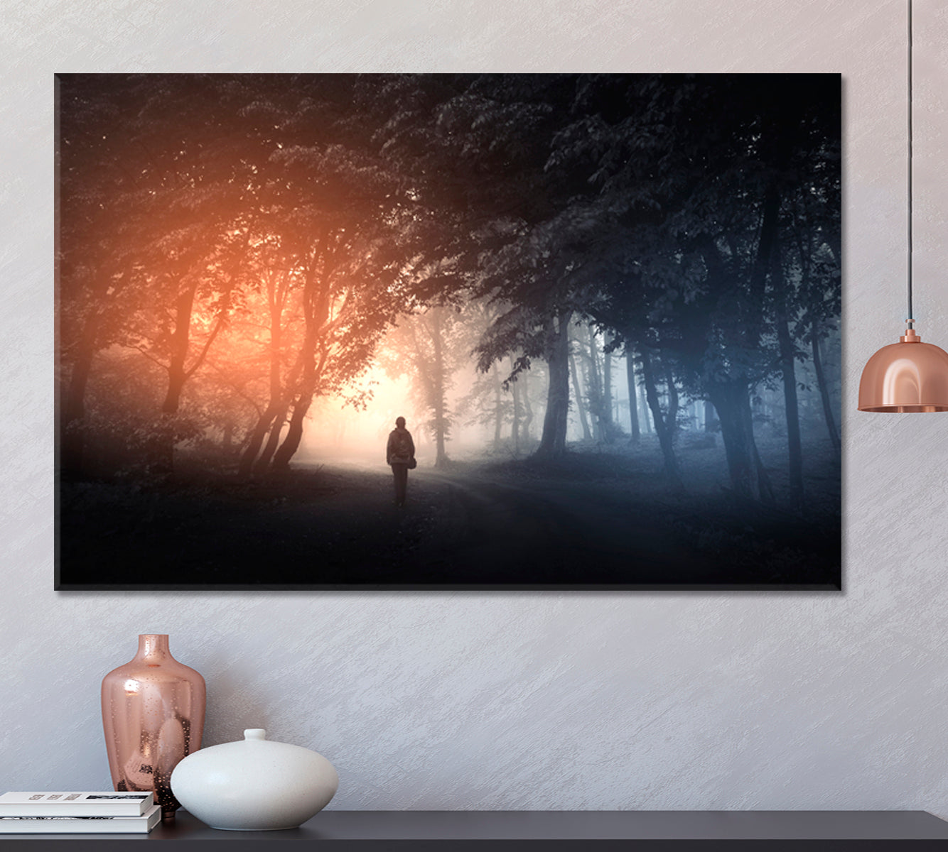 PATH TO THE LIGHT Mysterious Landscape Fantastic Surreal Misty Forest Trees Man Walking on the Path Scenery Landscape Fine Art Print Artesty   