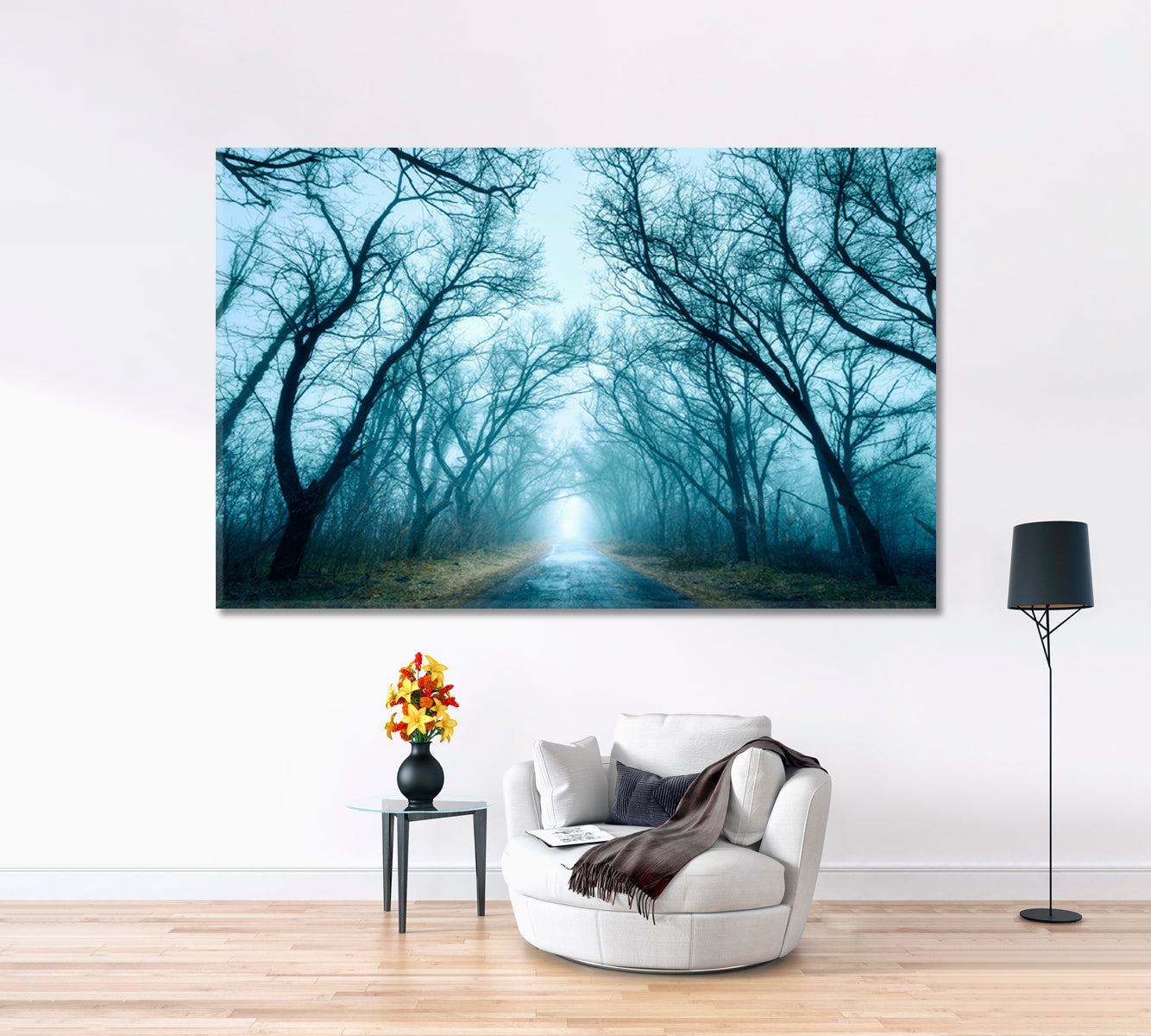 MORNING Mysterious Dark Autumn Stunning Misty Forest Fogy Road Trees Branches Nature Wall Canvas Print Artesty 1 panel 24" x 16" 