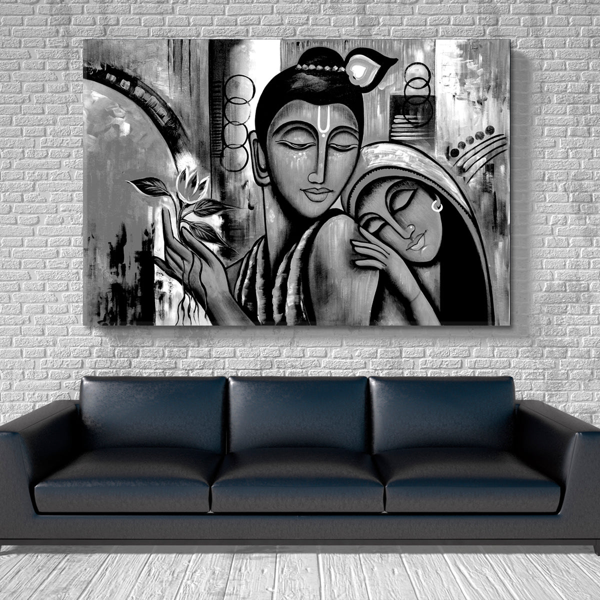 Lord Krishna Religious Abstract Black And White Religious Modern Art Artesty 1 panel 24" x 16" 