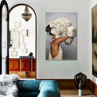 BIG BLOOMS AND PETALS Beautiful Woman Trendy Abstract Surreal Contemporary Art Artesty   