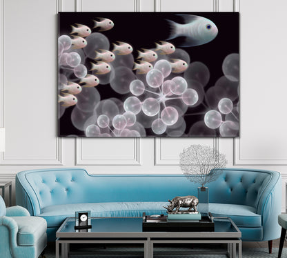 INNER UNIVERSE Live Organism Molecules And Schooling Fish Abstract Fantasy Nautical, Sea Life Pattern Art Artesty   