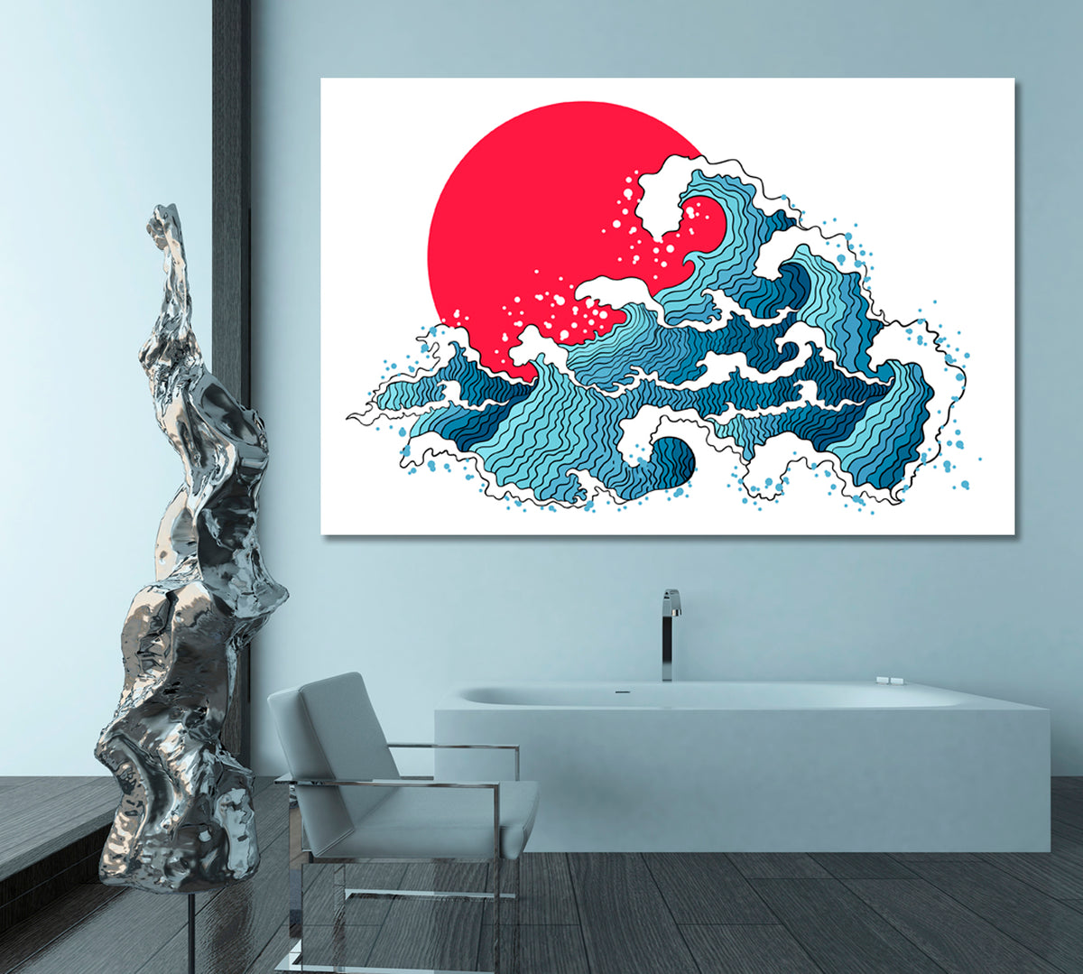 WAVE Ocean Asian Waves and Sun Japanese Canvas Print Asian Style Canvas Print Wall Art Artesty 1 panel 24" x 16" 