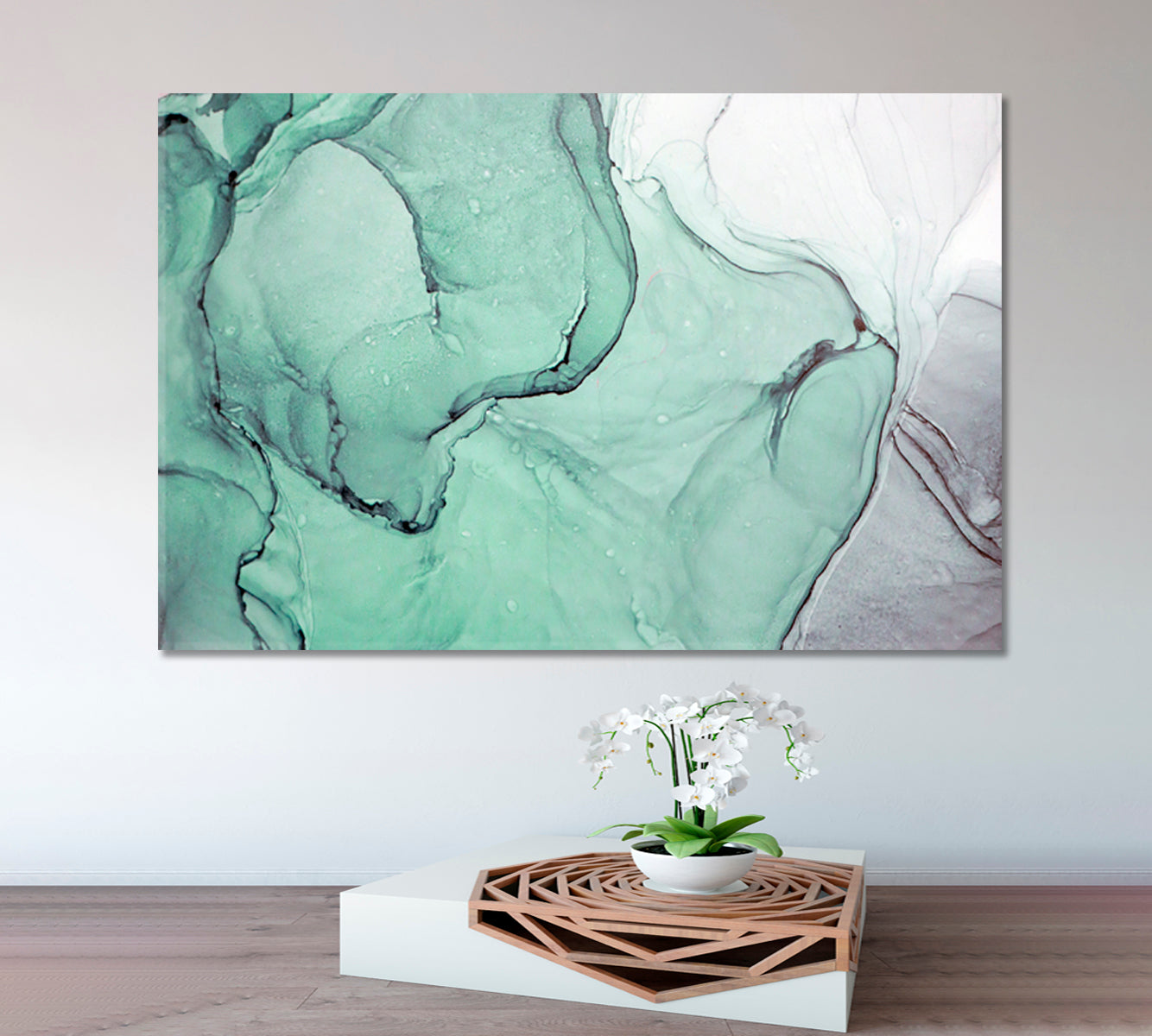 GREEN ASH Beautiful Soft Alcohol Ink Modern Marble Veins Fluid Pattern Fluid Art, Oriental Marbling Canvas Print Artesty   