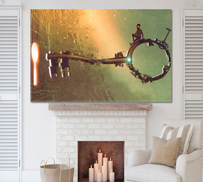 BETWEEN HEAVEN AND EARTH Surreal Art Big Gold Key Boy Keyhole Contemporary Art Artesty   