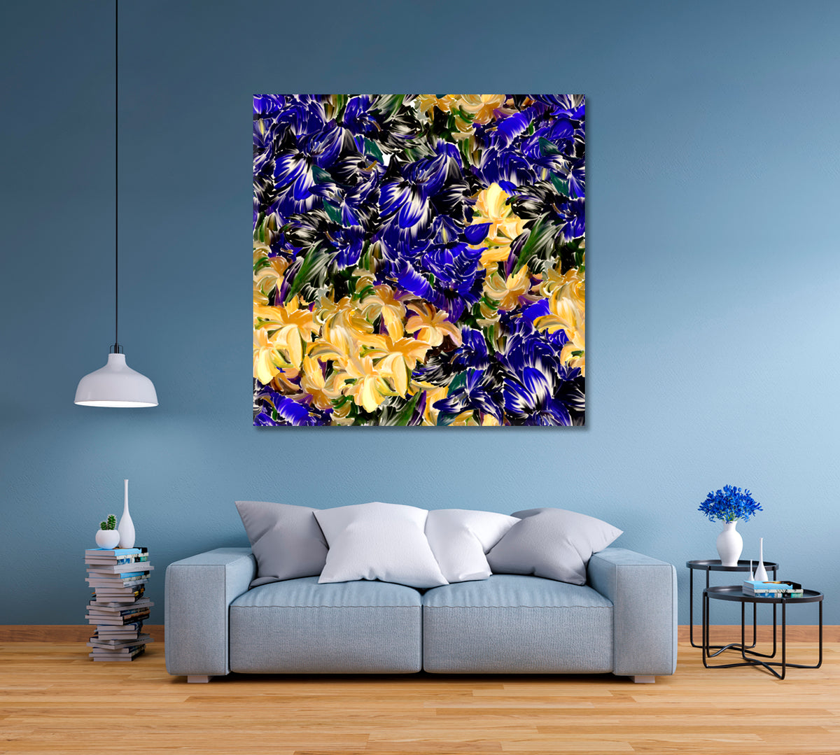 Blue and Yellow Flowers Abstract Painting Floral & Botanical Split Art Artesty 1 Panel 12"x12" 