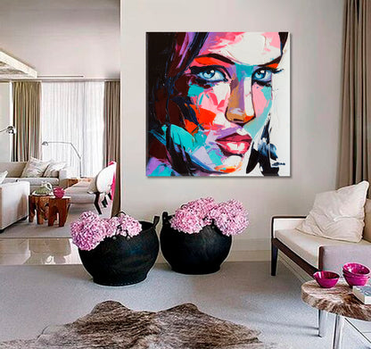 COLORFUL MOOD Pretty Girl Portret Modern Art - Square Panel People Portrait Wall Hangings Artesty   