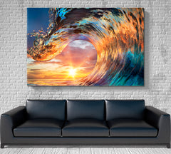 Colorful Ocean Wave Seawater Sunset Light Beautiful Clouds Nautical, Sea Life Pattern Art Artesty 1 panel 24" x 16" 