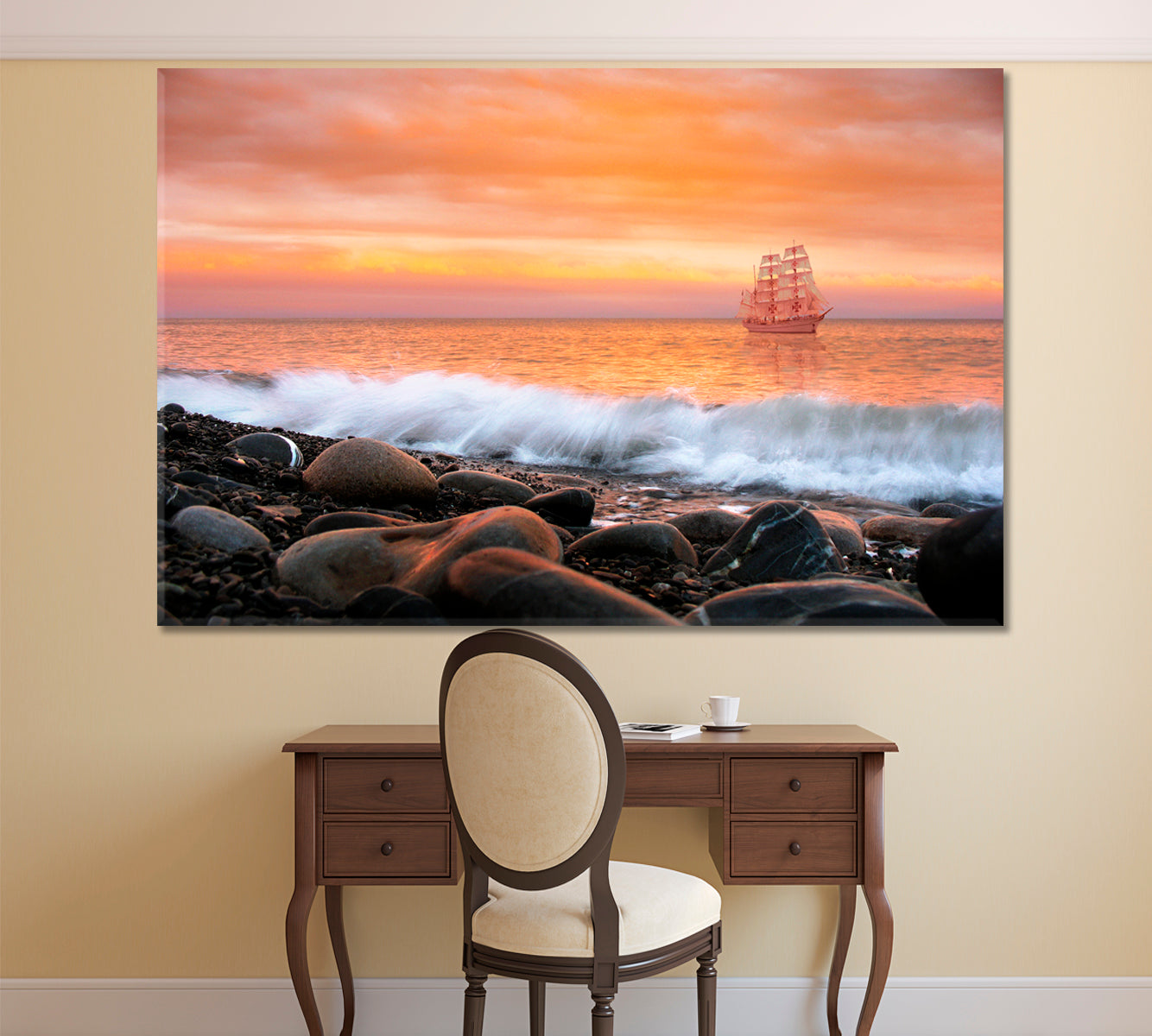 SCARLET SAILS Alone Ship Sea Waves Rocks Sky Beautiful Landscape Canvas Print Scenery Landscape Fine Art Print Artesty   