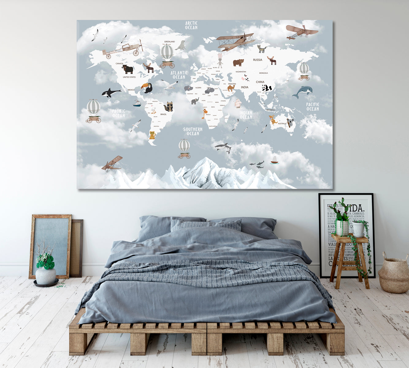 WORLD MAP Animals Map for Kids Nursery Room Maps Canvas Artwork Artesty   