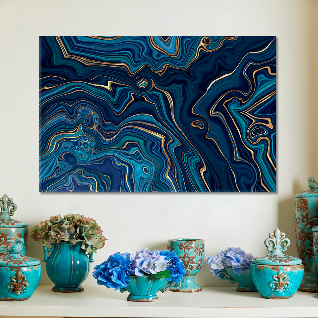 Blue Agate Golden Glitter Effect Fake Marble Stone Artistic Pattern Fluid Art, Oriental Marbling Canvas Print Artesty   