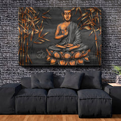 Golden Buddha Lotus Pose Om Symbol Bamboo Religious Modern Art Artesty 1 panel 24" x 16" 