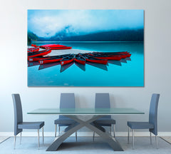 Red Canoes Turquoise Crystal Water Alberta Canada Foggy Lake Louise Scenery Landscape Fine Art Print Artesty   