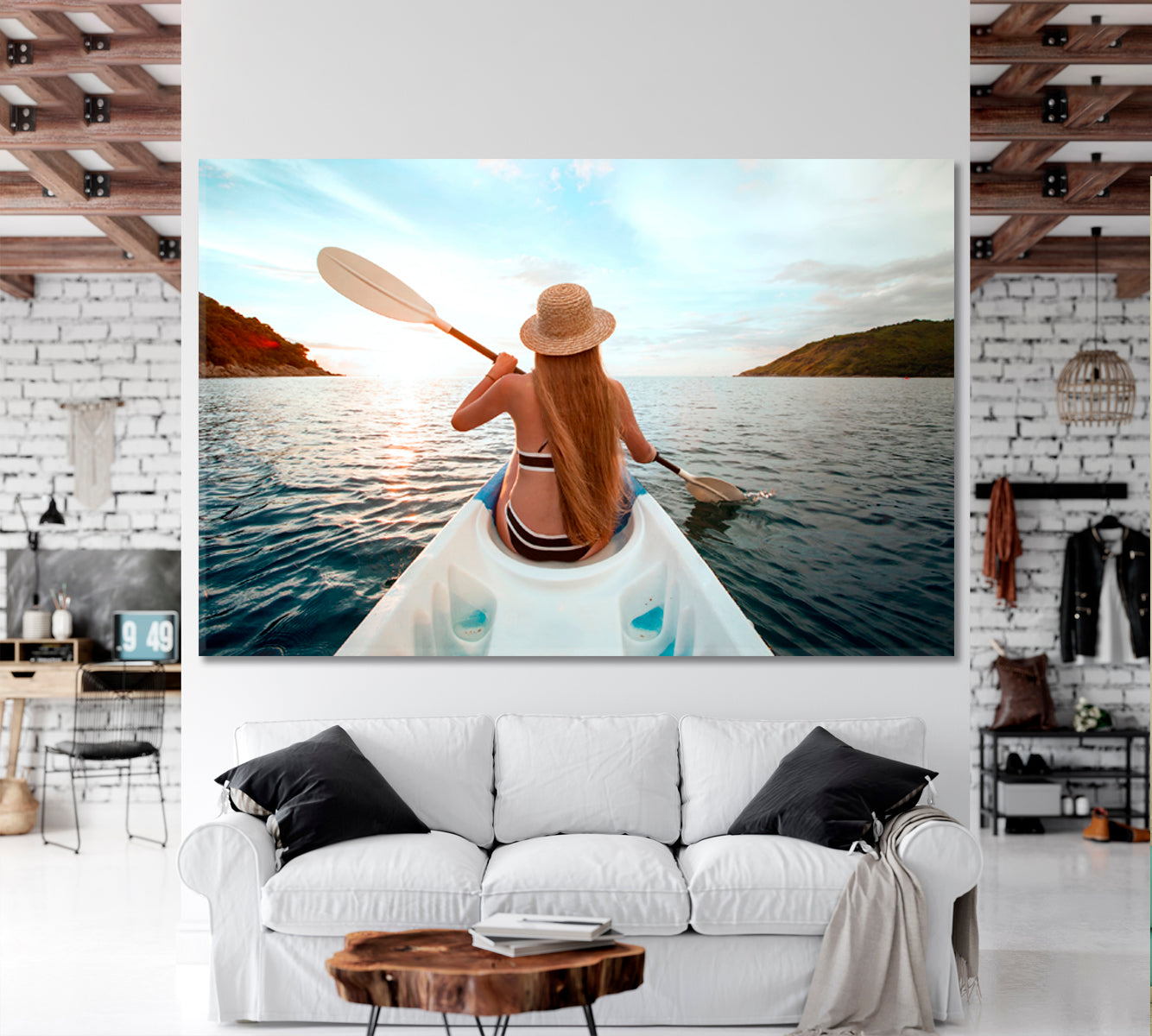 ADVENTURE Canoe Kayak Young Woman Boat Water Sport Active Lifestyle Concept Traveling Around Ink Canvas Print Artesty 1 panel 24" x 16" 