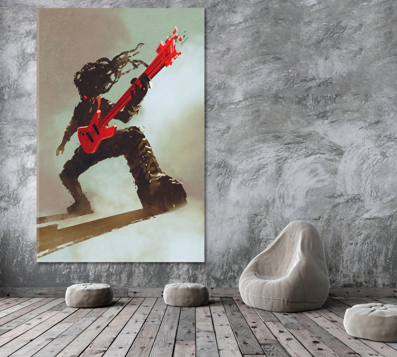 Rock & Roll Rocker Guitarist Playing Red Guitar, Music Canvas Print  - Vertical Music Wall Panels Artesty   