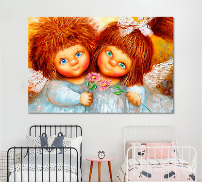 Two Cute Little Girls Angels with Shaggy Red Hair Fine Art Canvas Print Kids Room Canvas Art Print Artesty   