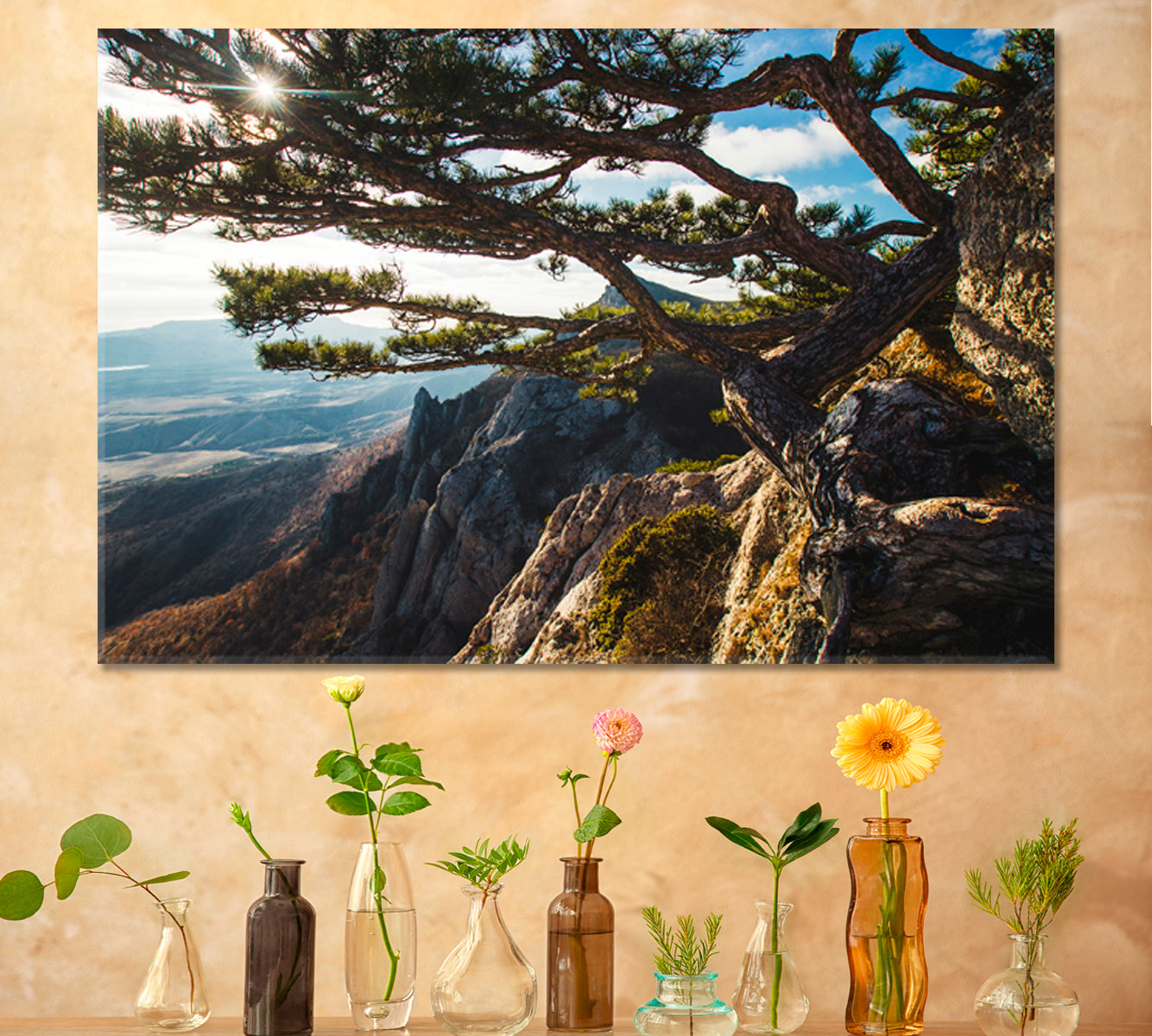 Breathtaking Beautiful Mountains Sunset Big Pine Tree on the Rock Nature Wall Canvas Print Artesty   