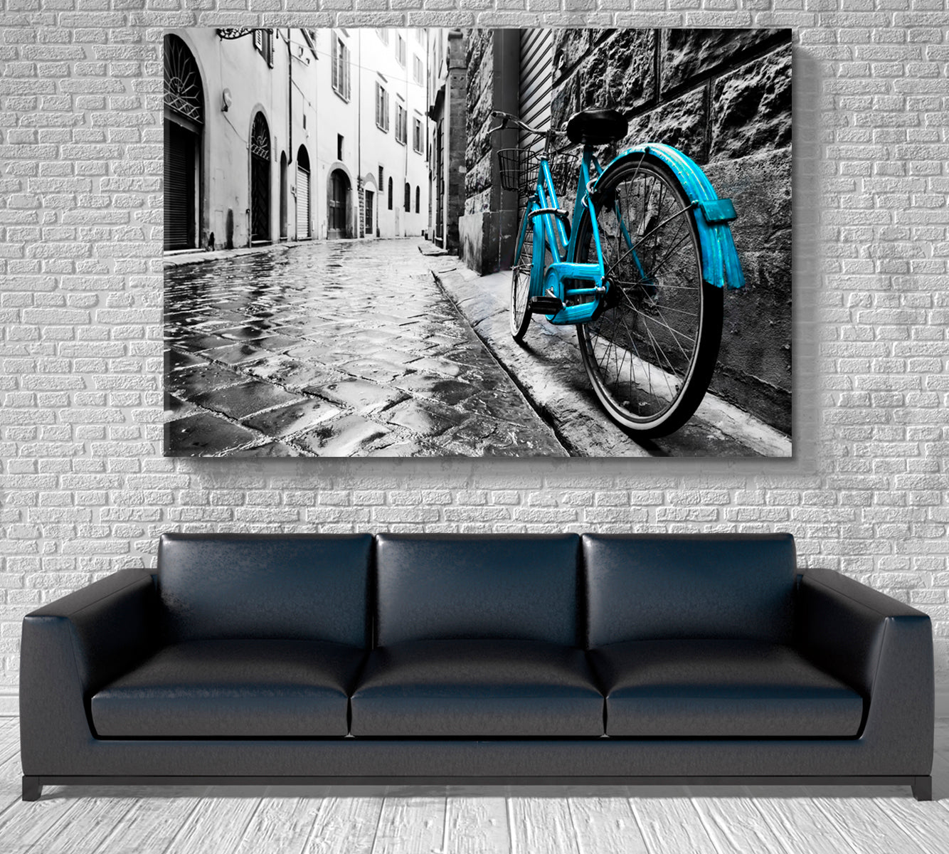 Retro Blue Bicycle Old Town Black and White Vintage Style Cities Wall Art Artesty 1 panel 24" x 16" 