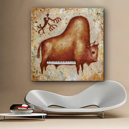 PIANO | Cute Grand Piano Buffalo Rock Painting Canvas Print - Square Panel Vintage Affordable Canvas Print Artesty   