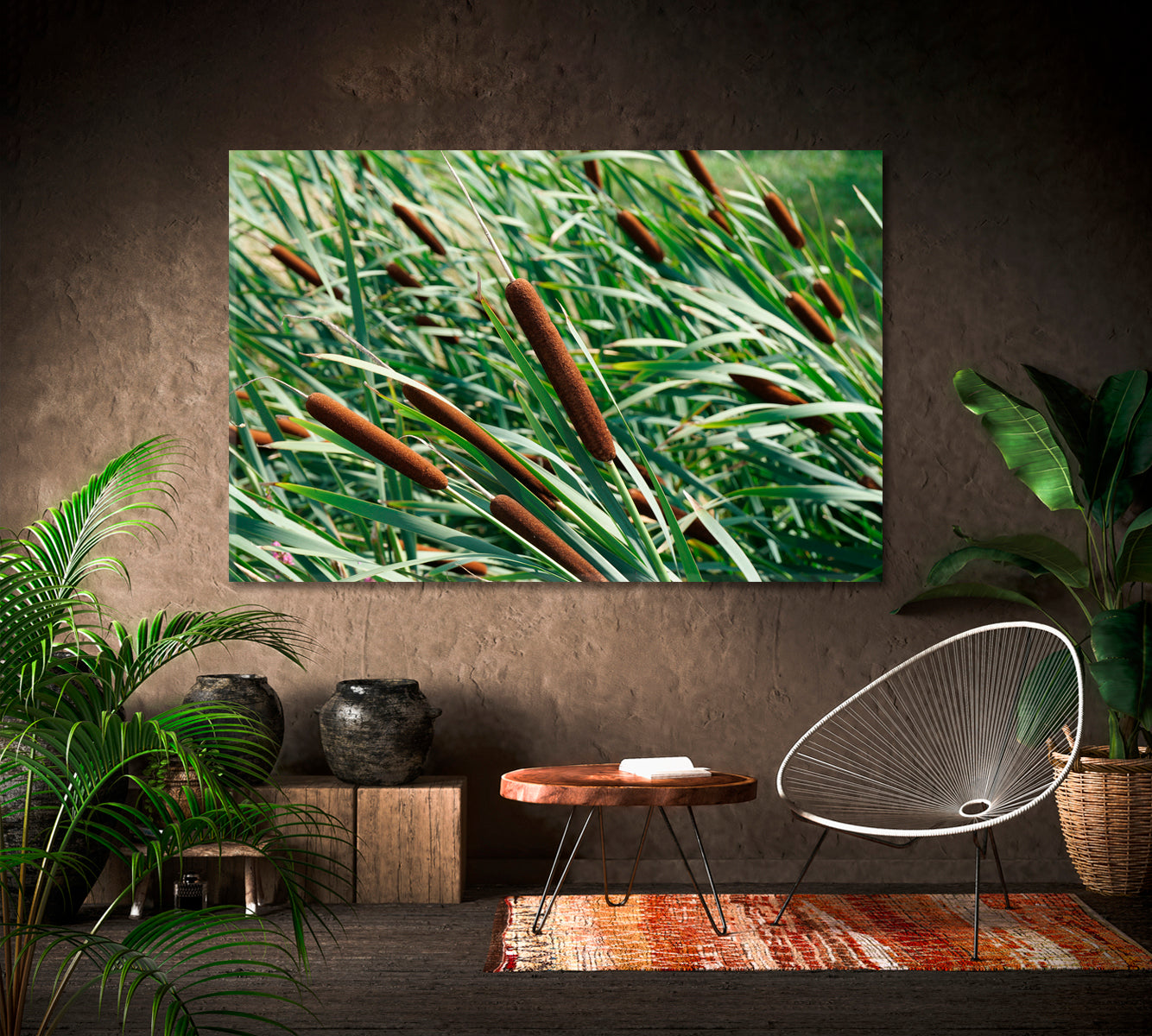 Colorful Green Reeds with Cattail Nature Wall Canvas Print Artesty 1 panel 24" x 16" 