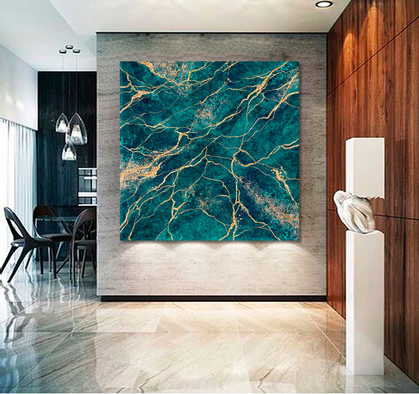 TIDEWATER TEAL BLUE GREEN Abstract Marble Malachite Veins Fluid Art, Oriental Marbling Canvas Print Artesty   