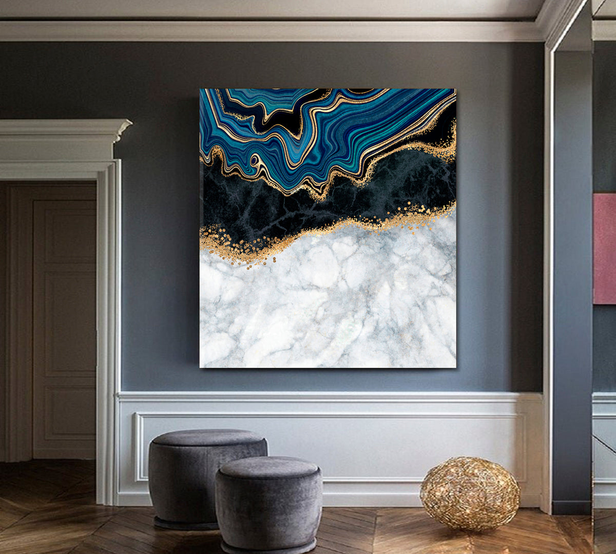 White Blue Black Gold Abstract Marble Effect Canvas Print - Square Fluid Art, Oriental Marbling Canvas Print Artesty 1 Panel 12"x12" 