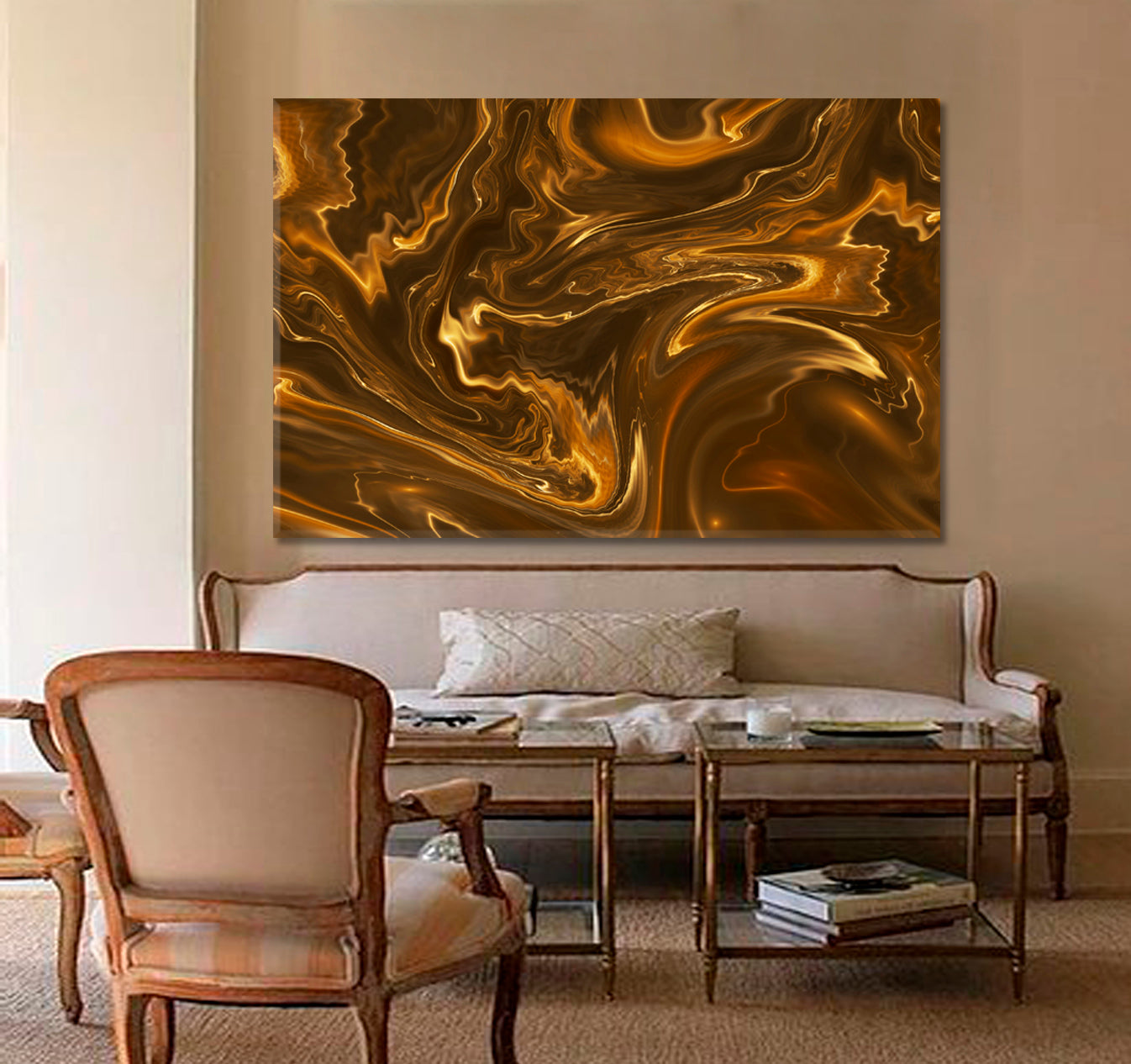 Brown Marble Abstract Colorful Wavy Fluid Art, Oriental Marbling Canvas Print Artesty   