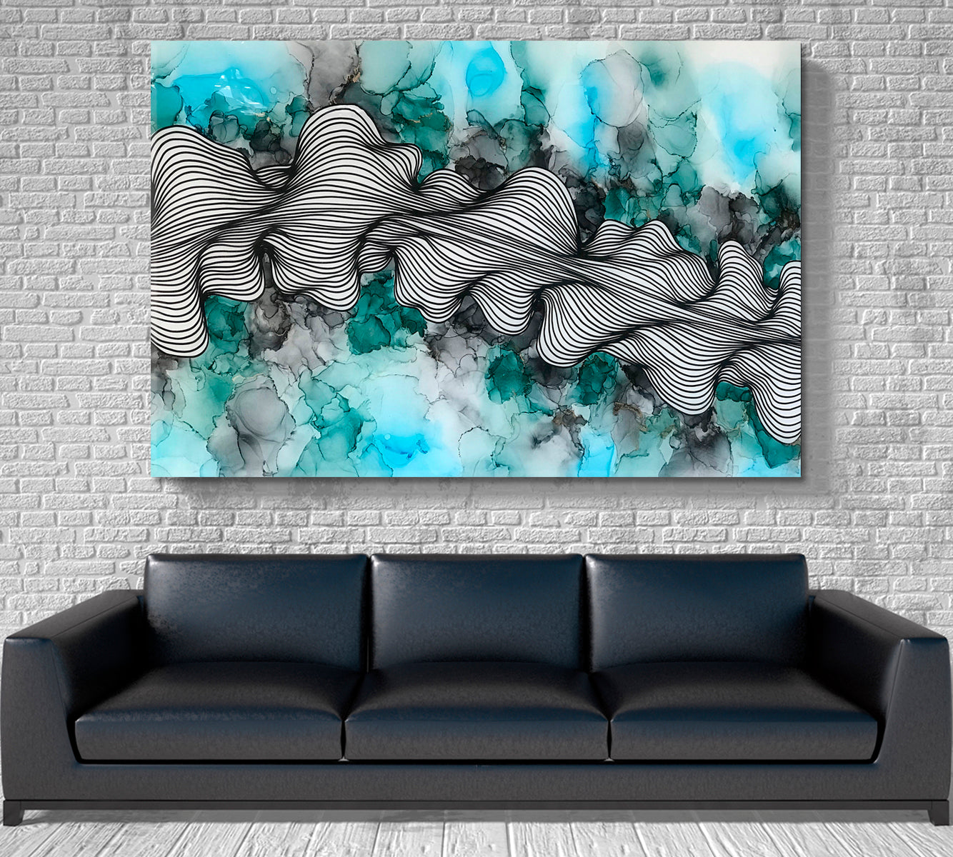Turquoise Wave Modern Fluid Art Fluid Art, Oriental Marbling Canvas Print Artesty 1 panel 24" x 16" 