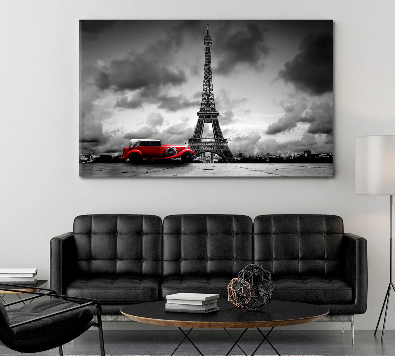 Eiffel Tower Paris France Red Retro Car Black and White Vintage Artistic Black and White Wall Art Print Artesty 1 panel 24" x 16" 