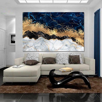 Abstract White Blue Marble Golden Veins Artistic Design Fluid Art, Oriental Marbling Canvas Print Artesty   