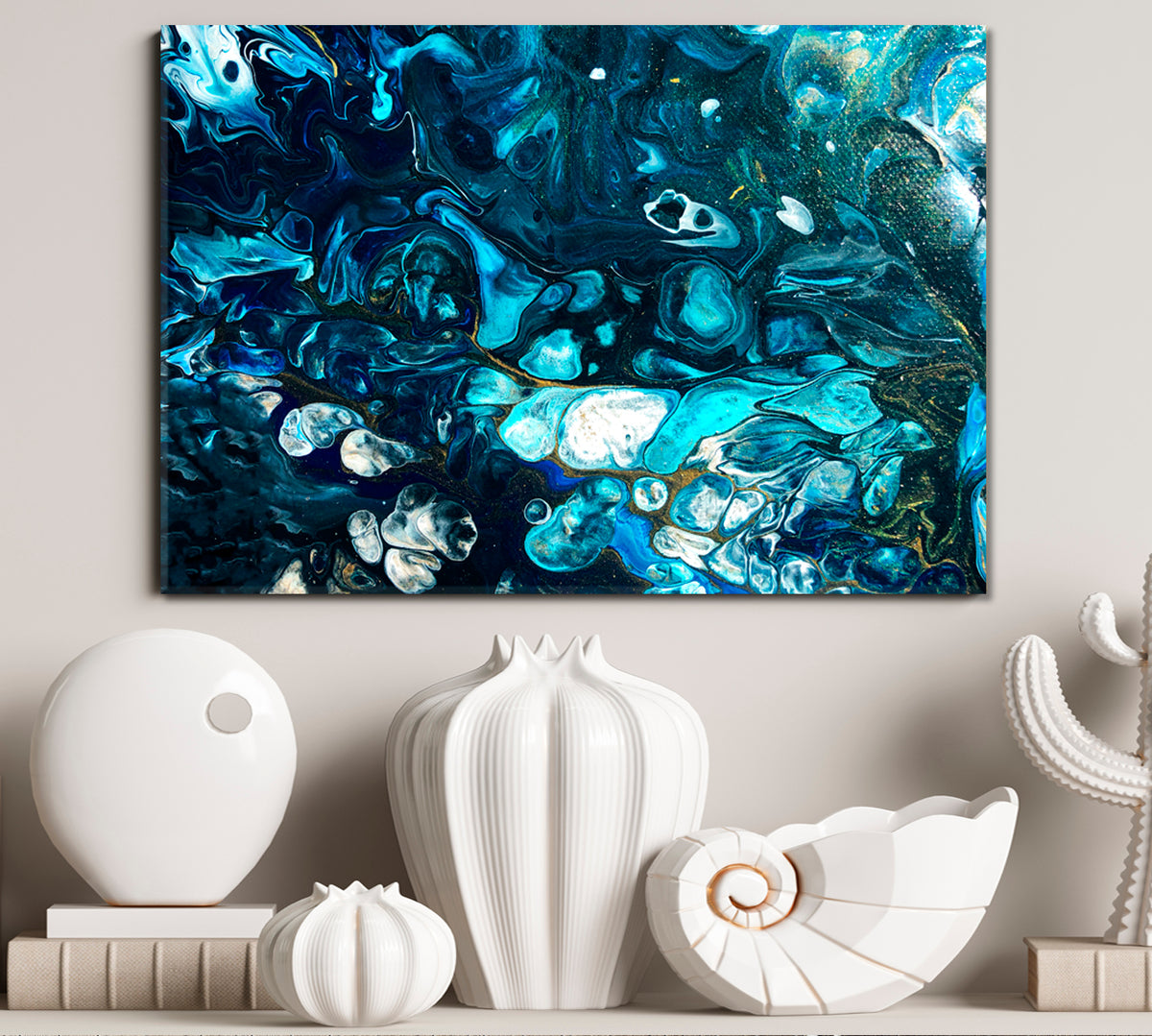SPACE Abstract Dark Blue Waves Liquid Paint Marble Pattern Fluid Art, Oriental Marbling Canvas Print Artesty 1 panel 24" x 16" 