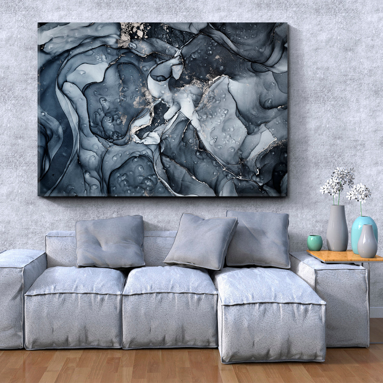 Trendy Blue Gray Alcohol Ink Colors Translucent Marble Fluid Art, Oriental Marbling Canvas Print Artesty 1 panel 24" x 16" 