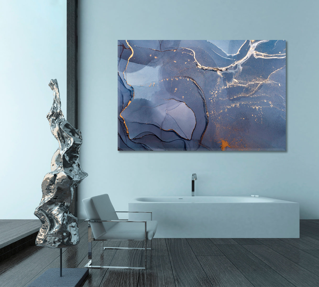 Dark Blue Modern Abstract Marble Fluid Art, Oriental Marbling Canvas Print Artesty   