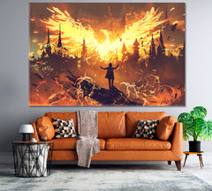 SURREAL FANTASY Mysterious Wizard And Phoenix Canvas Print Surreal Fantasy Large Art Print Décor Artesty 1 panel 24" x 16" 