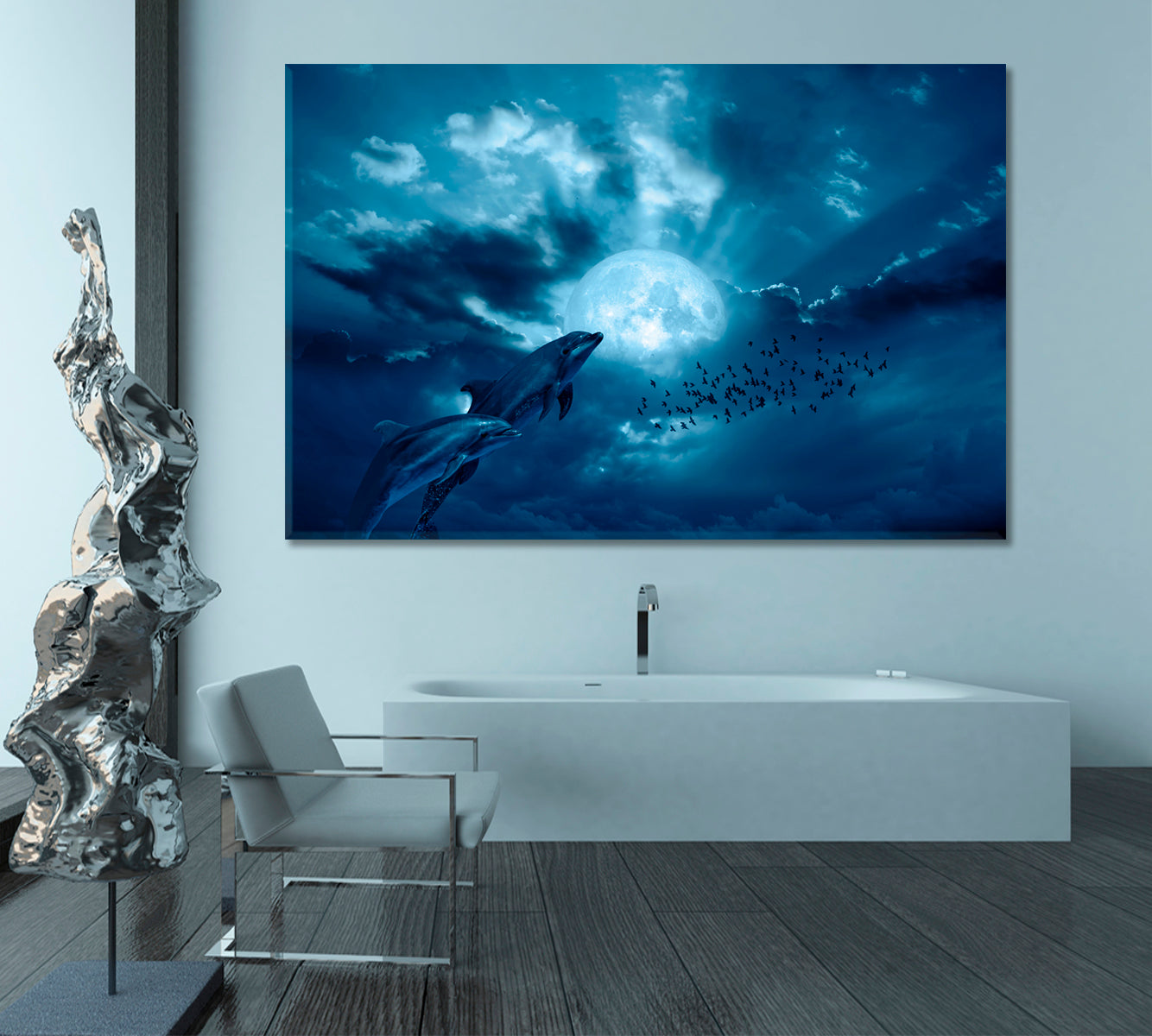 Wild Dolphins Floating at the Ocean Nautical, Sea Life Pattern Art Artesty 1 panel 24" x 16" 