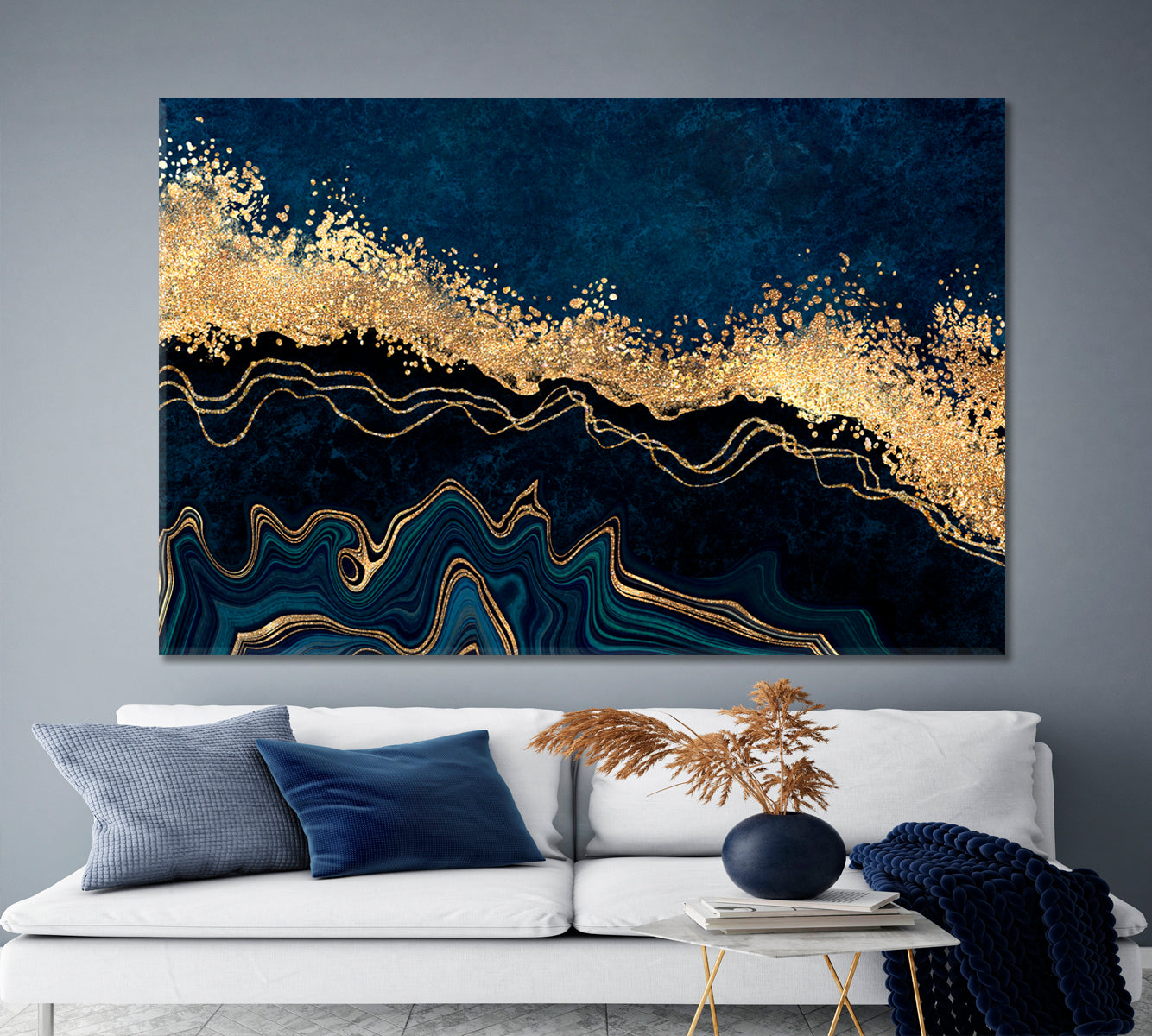 Abstract Dark Blue with Golden Effect Marble Artistic Design Giclée Print Contemporary Art Artesty   