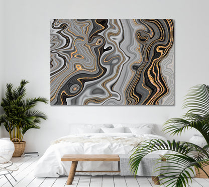 Abstract Gray & Golden Veins Marble Giclée Print Fluid Art, Oriental Marbling Canvas Print Artesty 1 panel 24" x 16" 