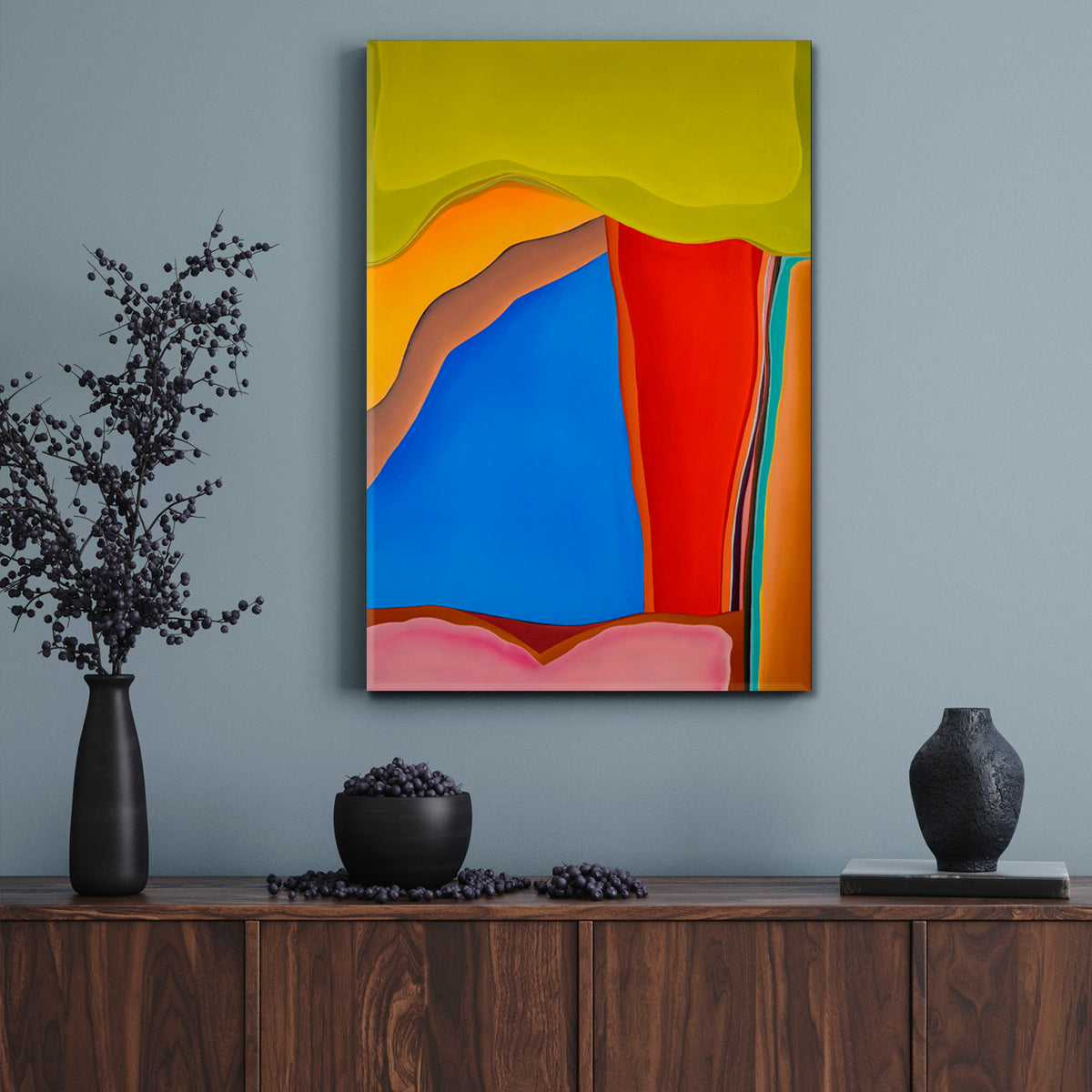 Mustard Green Blue Red Orange Shapes Contrasting Combination Abstract Art Print Artesty 1 Panel 16"x24" 