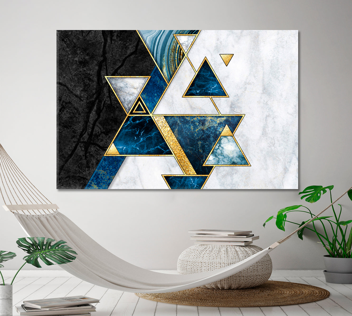 Abstract Geometric Modern Marble Mosaic Inlay Blue Gold Triangles Black White Stone Giclée Print Abstract Art Print Artesty 1 panel 24" x 16" 