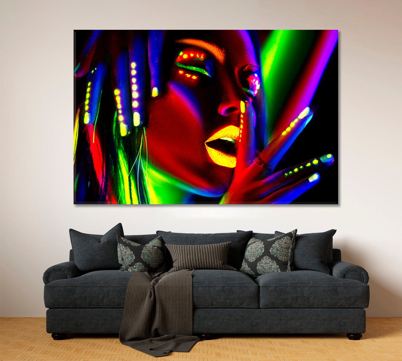 Fashion Beautiful Model Woman Neon Light Body Art Design Fashion Canvas Print Artesty 1 panel 24" x 16" 