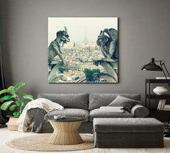 Gargoyle and Chimera from Notre Dame de Paris Vintage Style Canvas Print | Square Panel Cities Wall Art Artesty   
