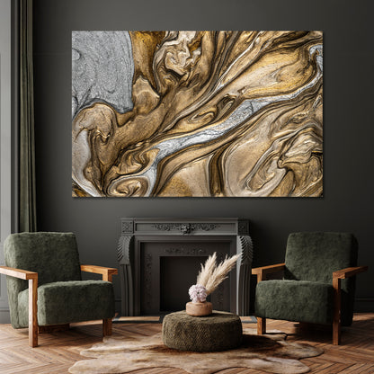 Ancient Oriental Abstract Marble Golden Ripple Effect Fluid Art Brown Grey Fluid Art, Oriental Marbling Canvas Print Artesty 1 panel 24" x 16" 