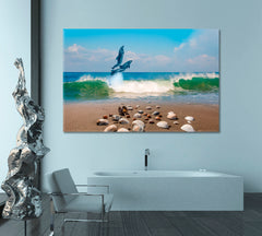 DOLPHINS | Dolphins Group Jumping Sea Wave Beautiful Seascape Blue Sky Canvas Print Nautical, Sea Life Pattern Art Artesty 1 panel 24" x 16" 
