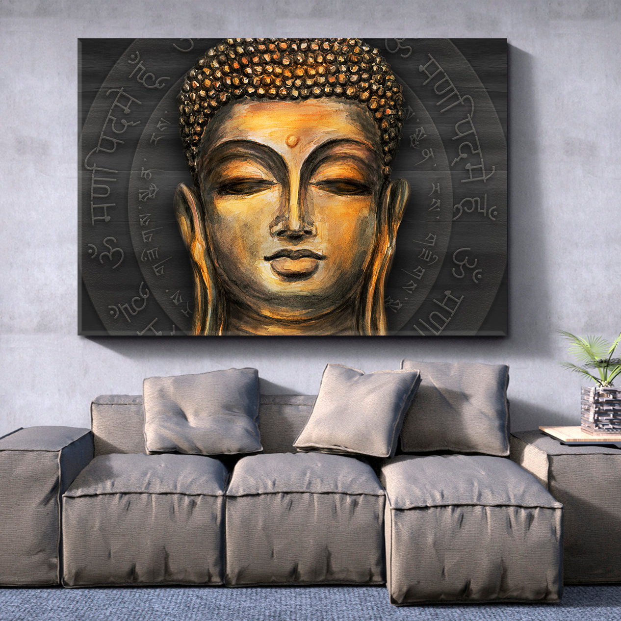 Gautama Buddha Mantra Om mani Padme Hum Sanskrit Tibetan Religious Modern Art Artesty 1 panel 24" x 16" 