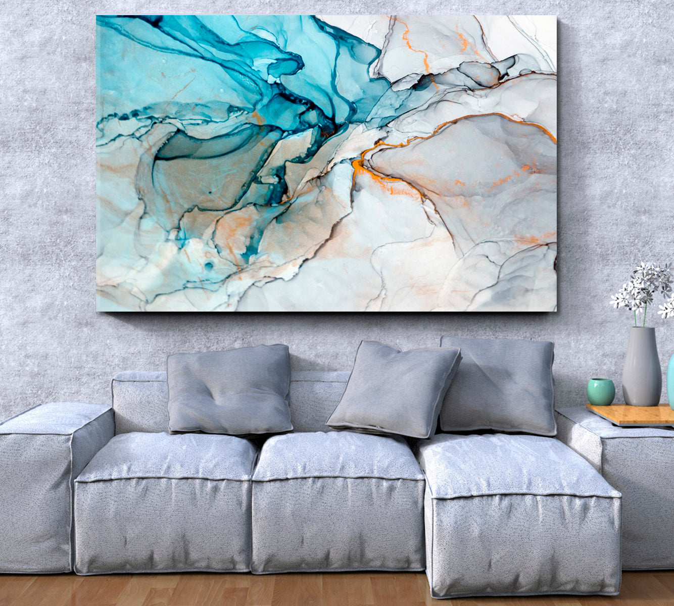 Translucent Marble Blue Gray Oriental Ink Painting Fluid Art, Oriental Marbling Canvas Print Artesty   