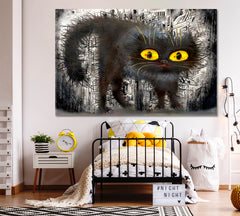 CUTE BLACK CAT Yellow Eyes at Night Whimsical Animals Fine Art Canvas Print Animals Canvas Print Artesty   